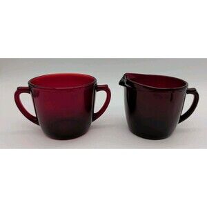 Anchor Hocking Royal Ruby Creamer and Open Sugar Bowl Set Red Glass Vintage